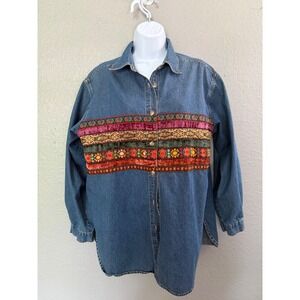 VTG Floral Ribbon Stripe Shirt L Embroidered Denim Gypsy Cotton Willow Ridge